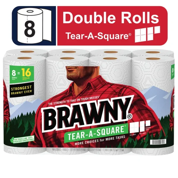 Brawny Tear-A-Square Paper Towels, Double Rolls - 8 rolls