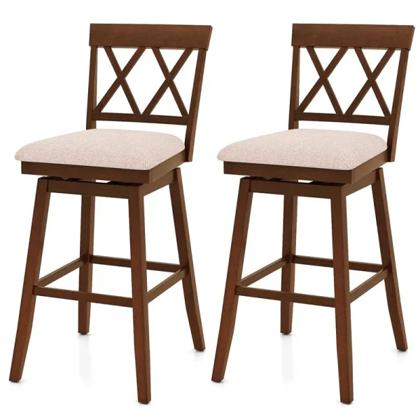 Swivel Bar Stools Set of 2, 29" Bar Height Chairs with Back, Padded Seat & Rubber Wood Frame, Farmhouse Barstools for Kitchen Island