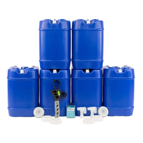 Emergency Water Storage 5 Gallon Water Tank - 6 Tanks (30 Gallons) - 5 Gallons Each w/Lids + Spigot & Water Treatment - Food Grade, Portable,
