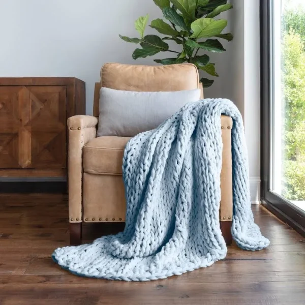 Chunky Knit Handmade Throw Blanket - Becky Cameron, Light Blue