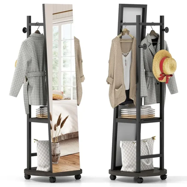 Tangkula Full Length Mirror with Coat Rack Swivel 55" Standing Floor Mirror on Wheels with Shelves
