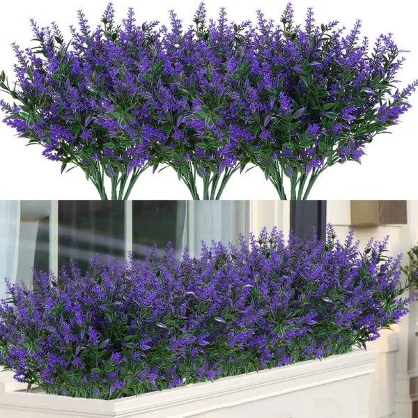 ArtBloom 24 Bundles Outdoor Artificial Lavender Fake Flowers UV Resistant Shrubs Plants, No Fade Faux Plastic Greenery for Hanging Plants Garden
