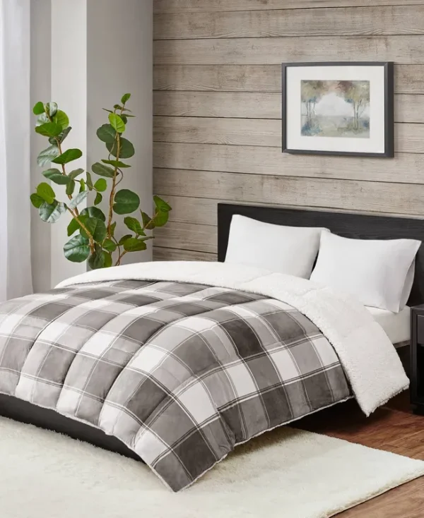 Premier Comfort Reversible Sherpa Down Alternative Plaid Comforter Full / Queen