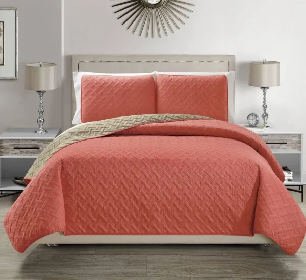 KingLinen Embossed Coral Reversible Bedspread/Quilt Set Queen
