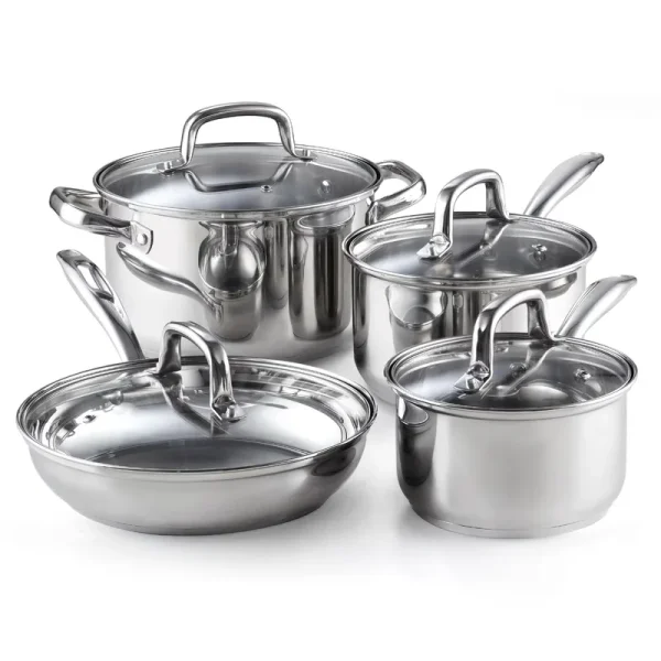 Cook N Home Pots and Pans Stainless Steel, 8 - Piece Induction Pot Kitchen Cookware Set, Silver, Oven Safe