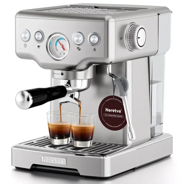 Neretva Espresso Machine 15 Bar Professional Espresso Maker with Milk Frother Steam Wand, Cappuccino & Latte Machine, Espresso Coffee Machine for Home - Stainless Steel