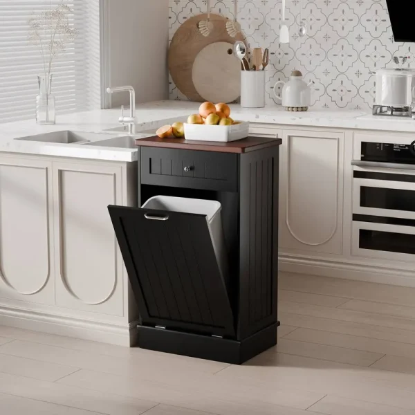 Tilt Out Trash Cabinet,Antique-Style Beadboard Kitchen Island with Solid Wood Tabletop & Drawer, Pet Proof Trash Can, Wood Laundry Cabinet (Black)