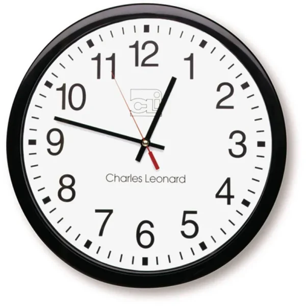 Charles Leonard Wall Clock 14 inch Thinline Quartz with 12 inch Dial Black/White (76820)