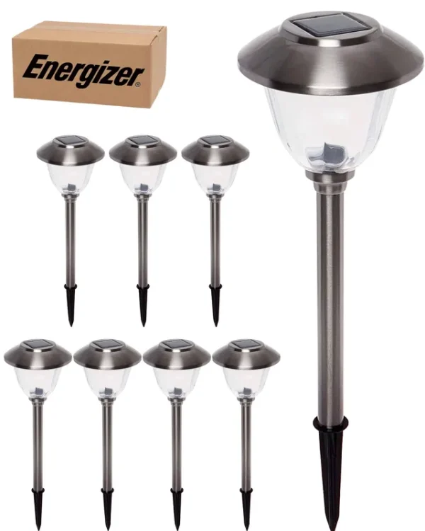 Energizer 8 Pack Solar Pathway LED Lights Outdoor-Stainless Steel 15 Lumen, Silver