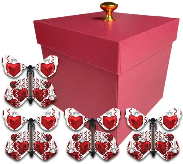 BUTTERFLYERS! Red Valentines Day Exploding Butterfly Box with Flying Butterflies (Big Hearts Flying Butterfly x 4)