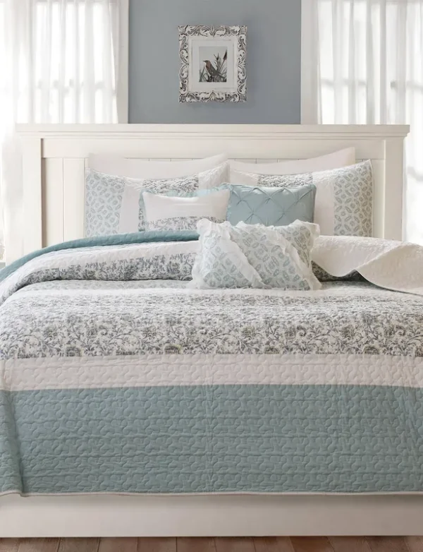 Madison Park - Dawn 6 Piece Cotton Percale Reversible Coverlet Set - Blue - King/Cal King