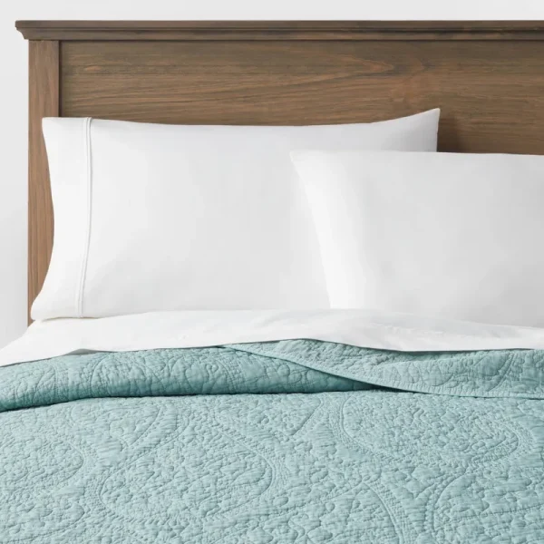 Full/Queen Garment Washed Paisley Stitch Quilt Light Teal Blue - Threshold