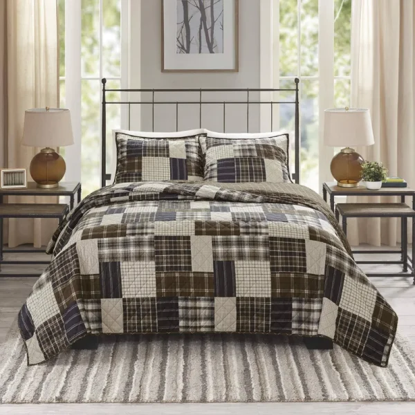 Madison Park - Timber 3 Piece Reversible Printed Coverlet Set - Black/Brown - Full/Queen