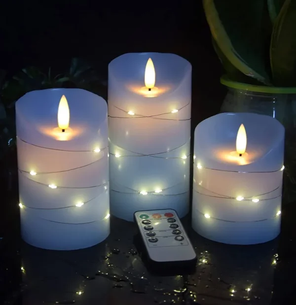 danip Sky Blue LED Flameless Candle, with Embedded Star String, 3-Piece Set of LED Candles, with 11 Button Remote Control, 24-Hour Timer Function,