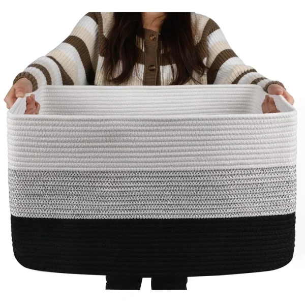 OIAHOMY Large Cotton Rope Basket, Rectangle Woven Baskets for Storage, Nursery Blanket Basket Living Room, Toy Basket with Handl