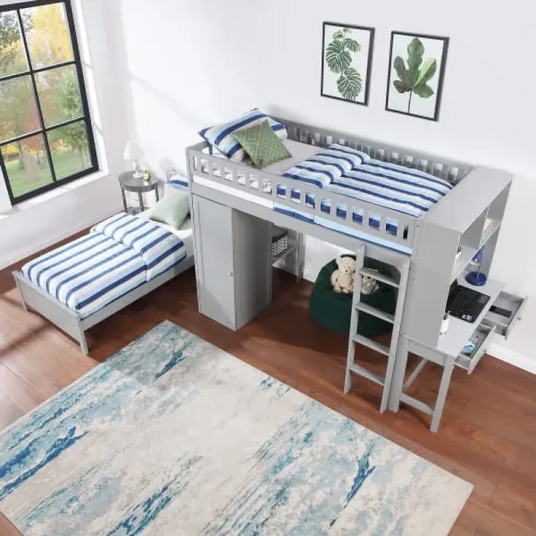 Twin Loft Bed with Closet & Desk, Wood Bed Frame with Movable Bed, Bunk Bed for Kids Adult, Gray