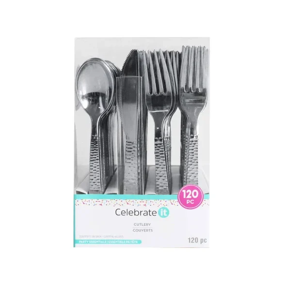 Silver Hammered Plastic Cutlery Set by Celebrate It , 120ct.