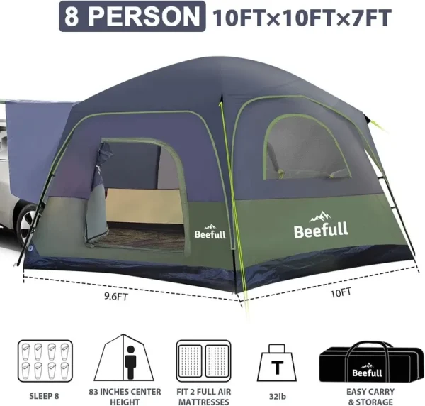 SUV Tent Instant Tent with 10 - Minute Setup, 6/8/10 Person Car Camping Tent with Waterproof Pu2000mm, Double Layer Design with Pre - Attached Poles