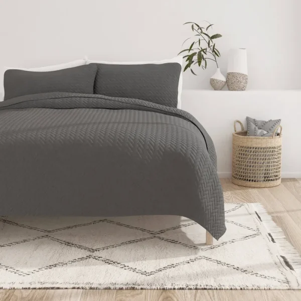 Home Collection Premium Ultra Soft Herring Pattern Quilted Coverlet Set Queen - Gray