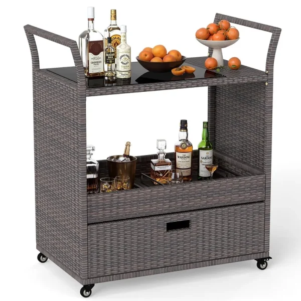 Tangkula Outdoor Rolling Wicker Bar Cart with Tempered Glass Top