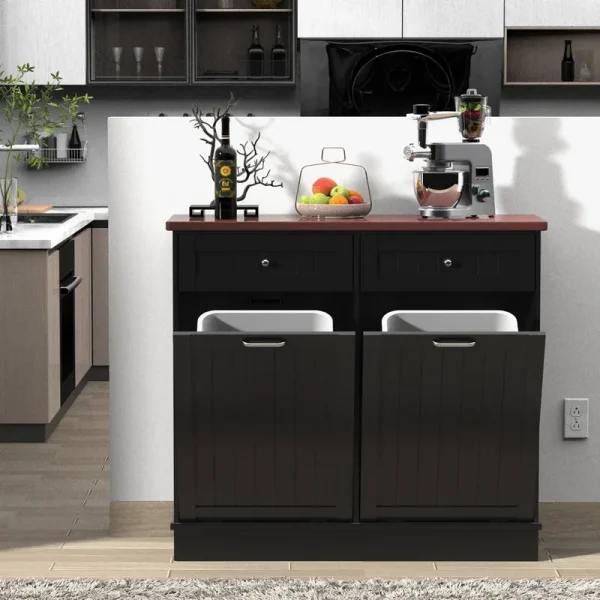 Tolead Double Tilt Out Trash Cabinet 10 Gallon Wooden Free Standing Laundry Sorter Cabinet,Recycling Cabinet with Hideaway Drawer,Tilt Out Trash