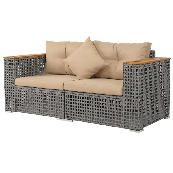 Tangkula 62.5" Large Patio Wicker Loveseat with Acacia Wood Armrests & Cup Holders