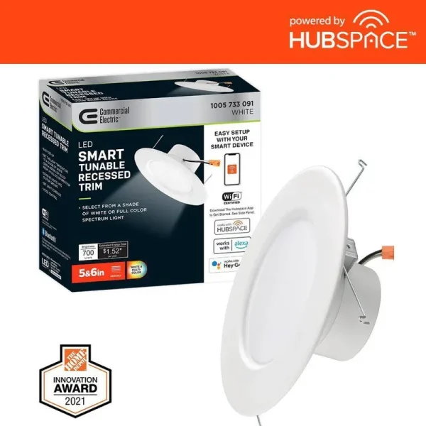 Commercial Electric 538561010 5 in./6 in. Smart Hubspace Color Selectable CCT Integrated LED Recessed Light Trim