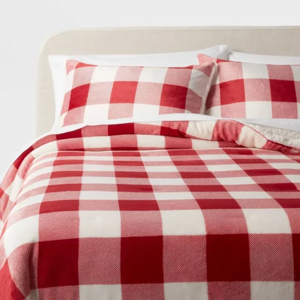 3PC King Traditional Cozy Faux Shearling Comforter and Sham Set Red/Ivory - Threshold