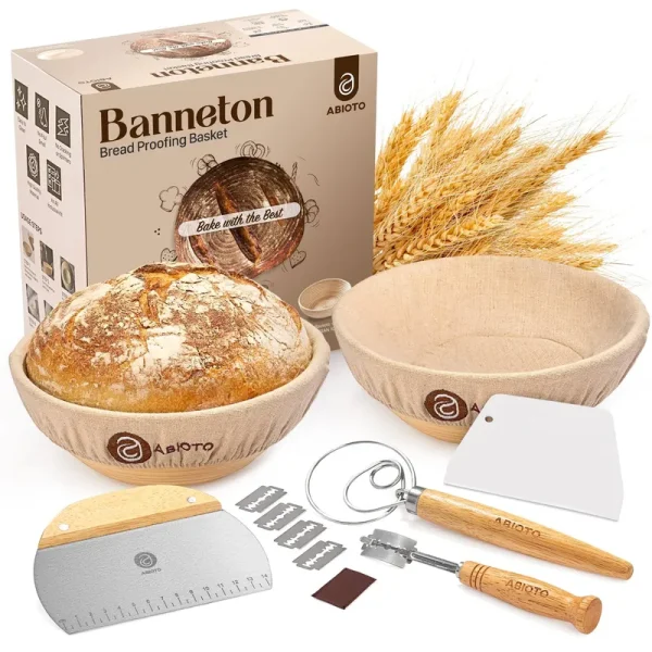 Sourdough Bread Proofing Baskets and Baking Supplies, A Complete Bread Making Kit Including Two 9" Round Bannetons, Bread Lame, Danish Whisk, Bowl &