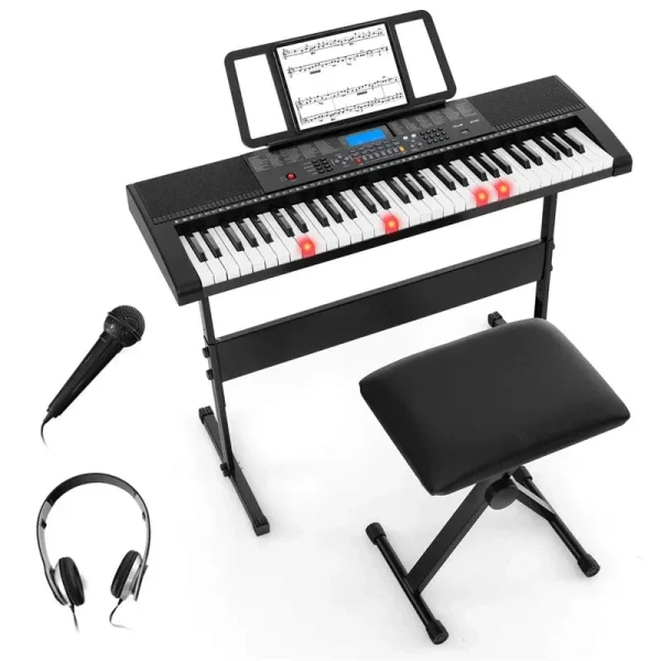 61-Key Lighted Electric Piano Keyboard for Beginners with Adjustable Stand & Folding Stool, Headphones, Microphone, 3 Teaching Modes