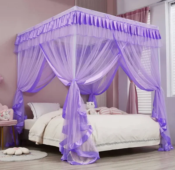Mengersi Princess 4 Corners Post Bed Curtain Canopy Mosquito Netting (Purple, Twin)