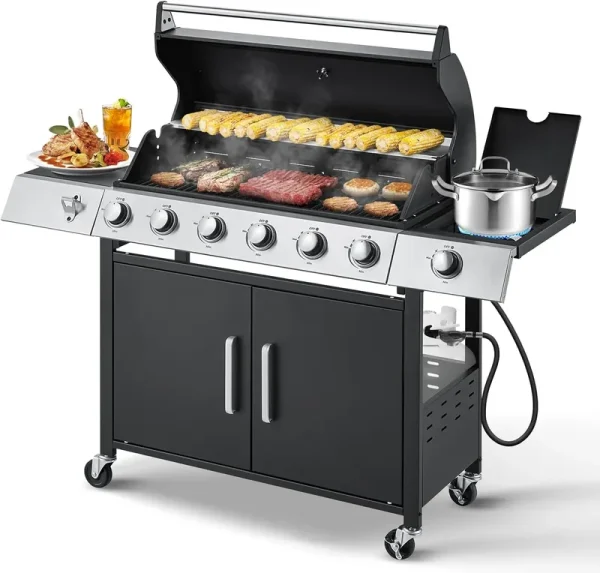 Upgraded 4 Burner BBQ Propane Gas Grill with Cast Iron Grates & Side Stove. 44.000 BTU Stainless Steel Burner Barbecue Grill for Patio. Camping. Outdoor Cooking MELLCOM
