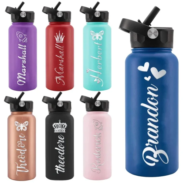Personalized Water Bottles with Straw Lid, Custom Water Bottles Personalized Names,Customized Engraved Stainless Steel Water Bottles for Adults Boys