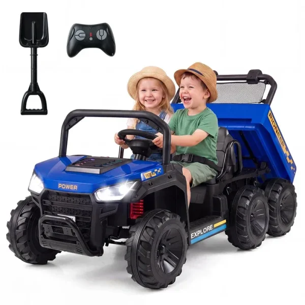 24V 2-Seater Ride on Dump Truck, 4WD Kids Car w/ Electric Dump Bed, Shovel, Parent Remote & Wireless Music, Electric Ride On UTV for Boys Girls
