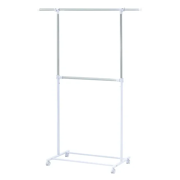 Mainstays 2 Tier Adjustable Chrome Garment Rack with Silver Metal and White Rod