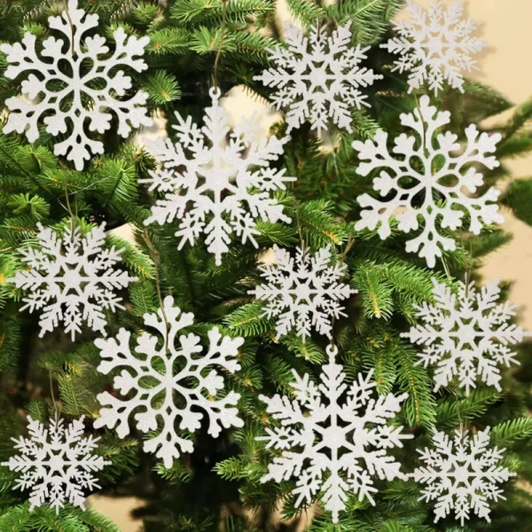 36pcs White Plastic Christmas Glitter Snowflake Ornaments for Christmas Tree Decorations Size Varies