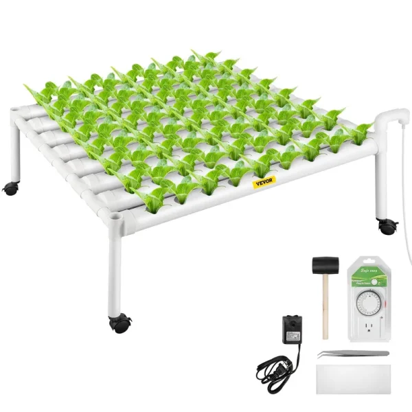 VEVOR Hydroponics Growing System, 72 Sites 8 Food-Grade PVC-U pipes, 1 Layer Indoor Planting Kit with Water Pump, Timer, Nest