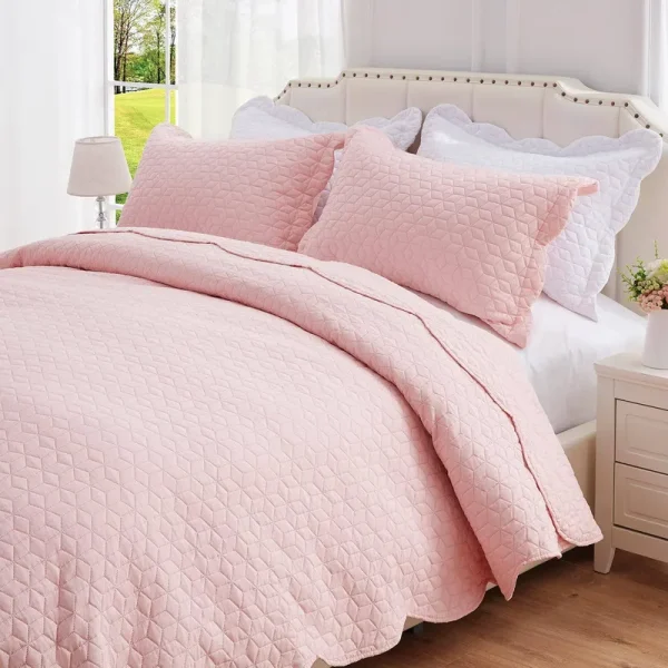 NexHome Queen Quilt Set Ruffles Lightweight Bedspreads Soft Microfiber Reversible Quilted Bed Cover Pink Summer Coverlet Set for All Season 3 Pieces