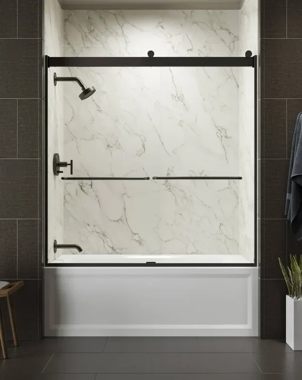 Kohler K-706004-L Levity Sliding Bath Door, 62" H x 56-5/8 - 59-5/8" W, with 1/4" Thick Crystal Clear Glass - Anodized Dark Bronze