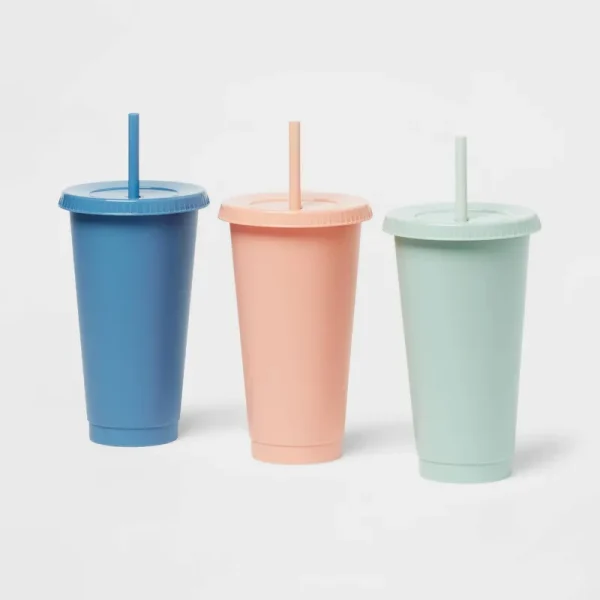 Room Essentials Plastic Reusable Cold Cup - Solid Blue, Mint & Peach - 24 oz