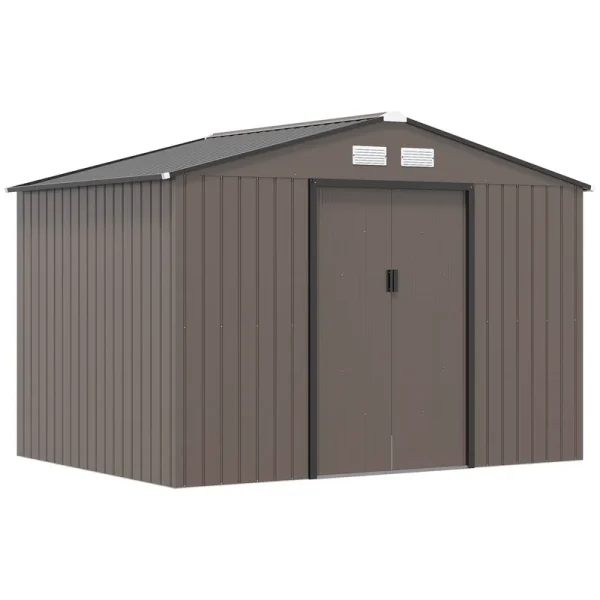 Outsunny 9' x 6' Outdoor Storage Shed, Garden Tool House with Foundation, 4 Vents and 2 Easy Sliding Doors - Brown