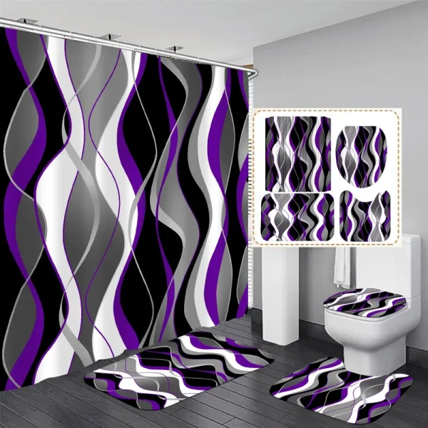 Nkzply 4 Pcs Purple and Black Striped Shower Curtain Set Grey and White Bathroom Sets with Shower Curtain and Rugs Purple Modern