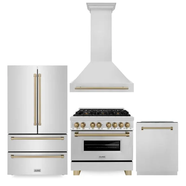 ZLINE 36" Autograph Edition Kitchen Package with Stainless Steel Dual Fuel Range, Range Hood, Dishwasher and Refrigeration with Champagne Bronze