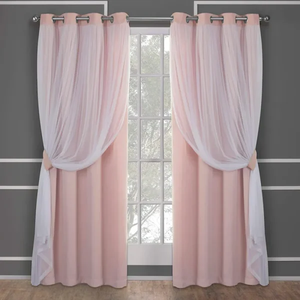 Exclusive Home Catarina Layered Solid Blackout and Sheer Window Curtain Panel Pair with Grommet Top, Rose Blush, 52x84, Pink