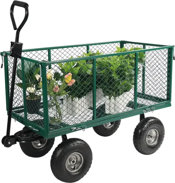 REDCAMP 900 lb Capacity Garden Cart Outdoor Utility Wagon Cart with Wheels Metal Heavy Duty Yard Wagon Flatbed W/ Pocket, Green