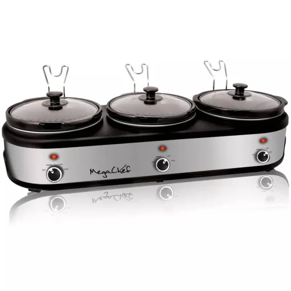 MegaChef Triple 2.5 Qt. Slow Cooker and Buffet Server, Black/Brushed Silver