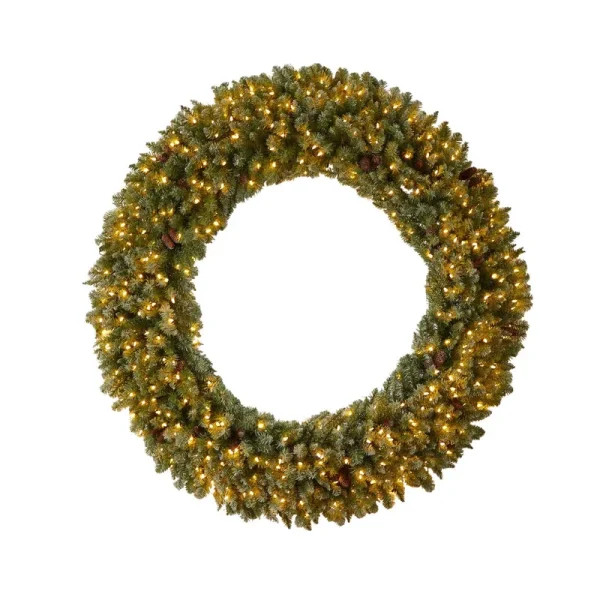 Nearly Natural 6ft. Giant Flocked Artificial Christmas Wreath with Pinecones, 400 Clear LED Lights and 920 Bendable Branches