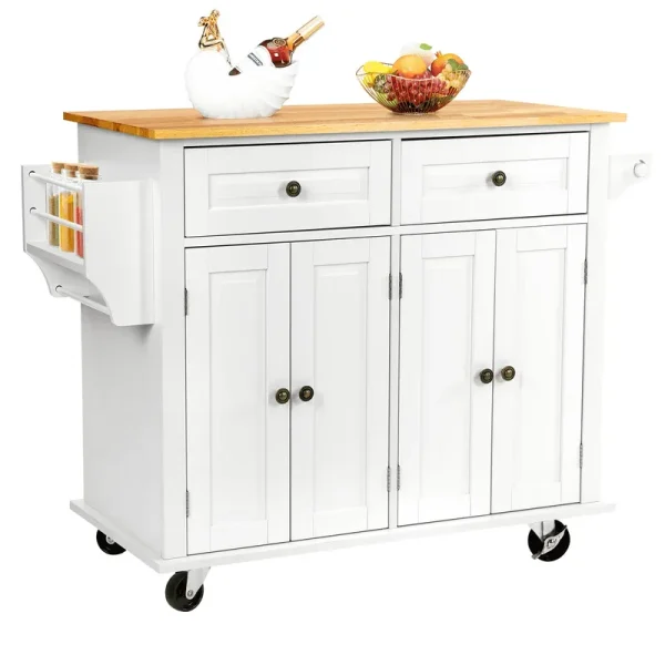 Richya Kitchen Island with Storage, Rolling Kitchen Cart with Lockable Wheels, Rubber Wood Tabletop Kitchen Island Table for Kitchen, Living Room, White
