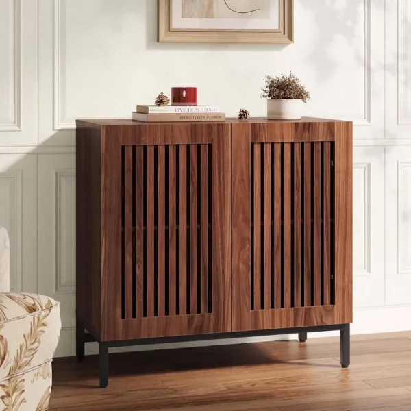 JOMEED Buffet Sideboard Cabinet with Louvered Doors & Adjustable Shelf, Wood Storage Cabinet for Kitchen, Dining Room, Living Room, Entryway Walnut