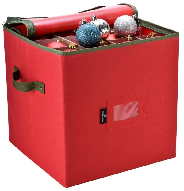 Christmas Ornament Storage - Stores Up to 64 Holiday Ornaments, Adjustable Dividers, Zippered Closure with Two Handles. Attractive Storage Box Keeps